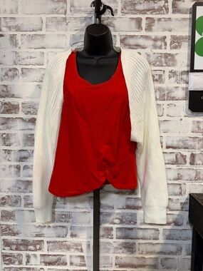 CAbi Red Sleeveless Twist-Knot Tank with sweater shrug small